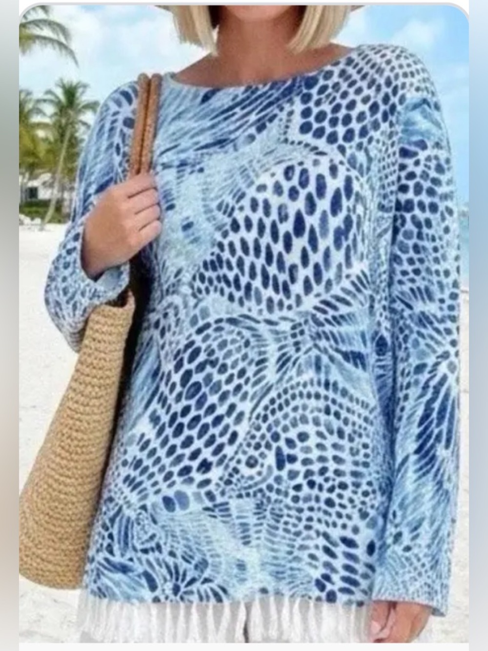 Lilly Pulitzer Ramona Fringed Sweater W/Blue And White Design women’s Size XS